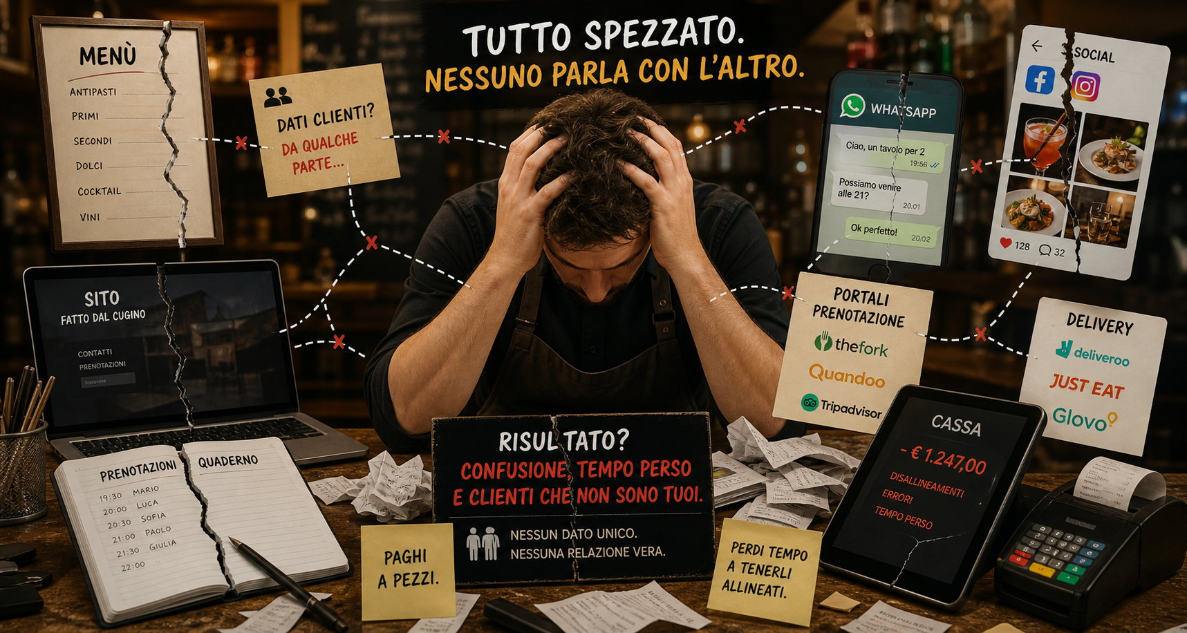 Titolare disperato al bancone circondato da menù strappati, quaderno di prenotazioni, WhatsApp, portali e cassa disallineati